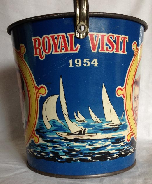 New Zealand made tinplate 1954 Royal Visit seaside pail bucket by WH BOND & CO LTD